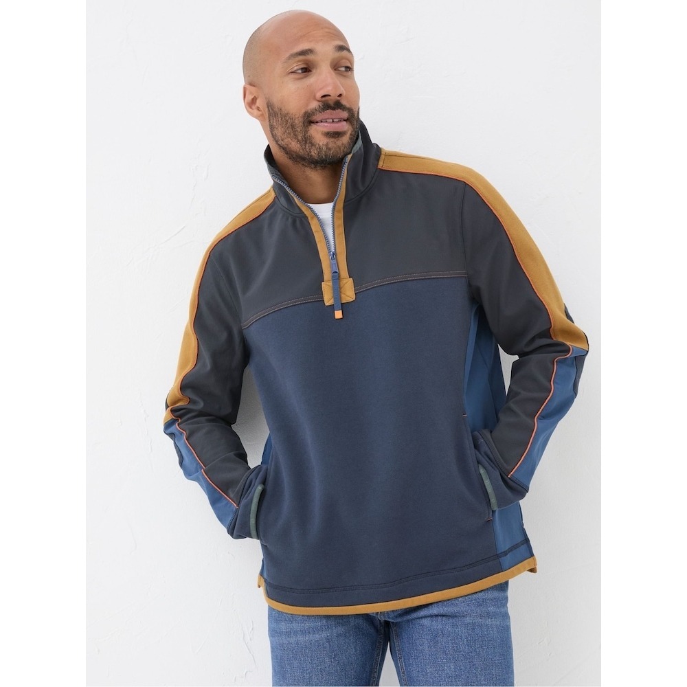 FatFace Mens XL Tall Quarter Zip Pullover Navy Yellow Colorblock Fleece Lining